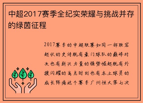 中超2017赛季全纪实荣耀与挑战并存的绿茵征程
