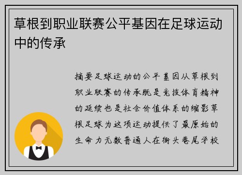 草根到职业联赛公平基因在足球运动中的传承